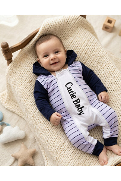 Purple Cutie Baby Striped Zip-Up Hooded Baby Romper