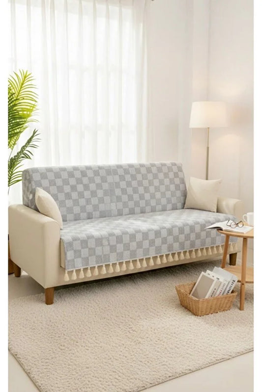 Grey Chelsea Check Oversized Woven Throw Blanket with Tassels