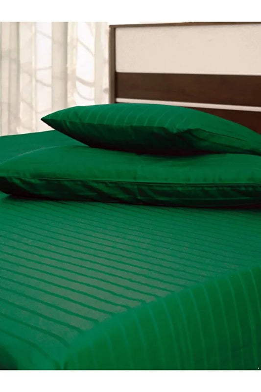 Green Color 3-Piece King Hotel Linen Bed Sheet Set - 250TC Sateen Stripe