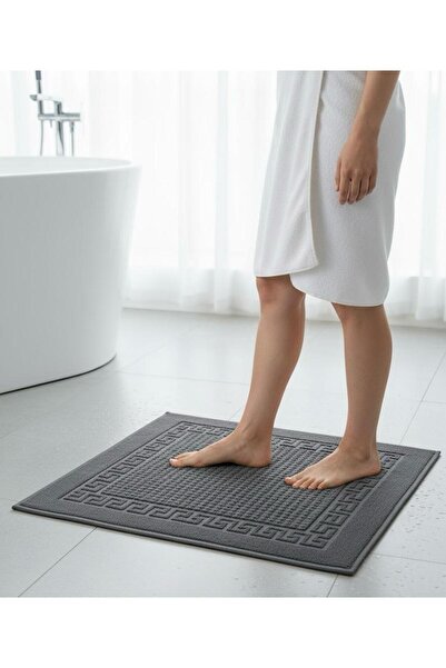 Grey Color 2-Piece 750 GSM Cotton Bath Mat Set - Greek Key Pattern