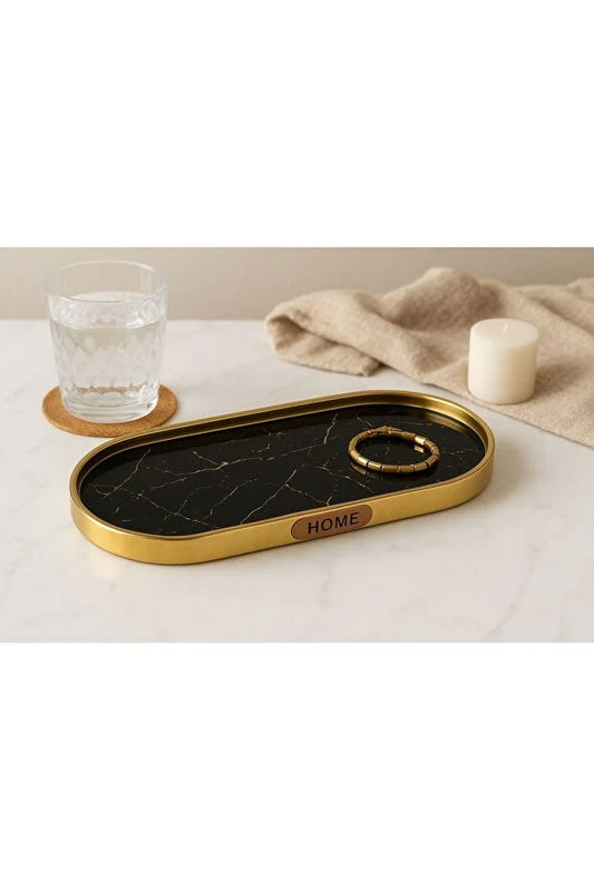 Black Marble Oval Presentation Holder - Gold Catering & Coffee Tray