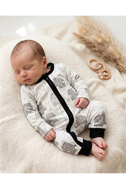 Playful Elephant & Heart Zip-Up Baby Romper
