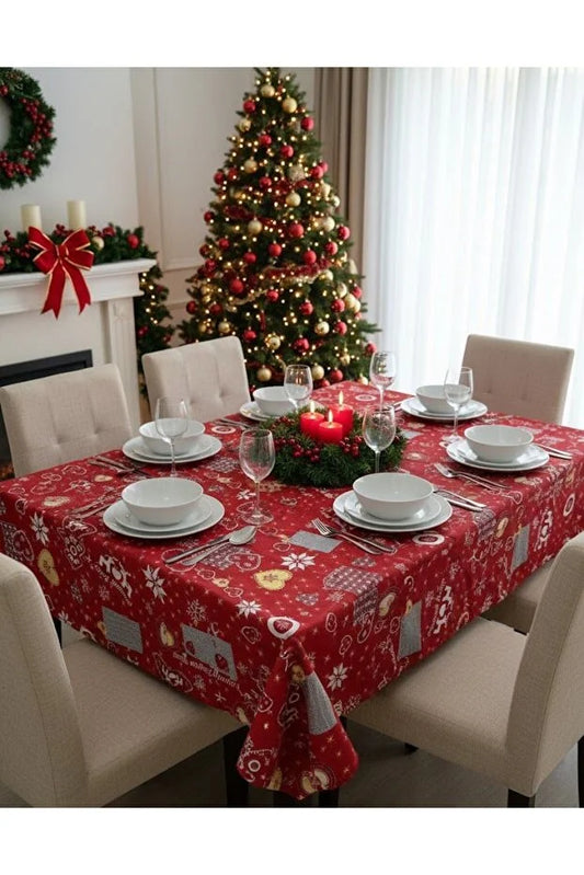 Christmas 6-Seater Dining Table Cloth - Red And Gold - Festive Xmas Decoration