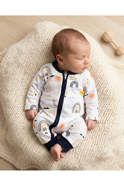 Cheerful Skies: Rainbow & Sun All-Over Print Zip Romper