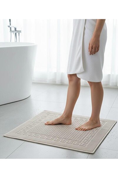 Beige Color 2-Piece 750 GSM Cotton Bath Mat Set - Greek Key Pattern