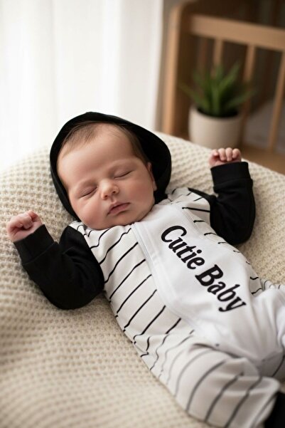 Black And White Cutie Baby Striped Zip-Up Hooded Baby Romper