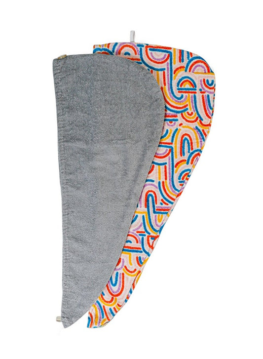 2-PCS Hair Wrap Towel Set With Button In Color Grey & Multicolour Printed