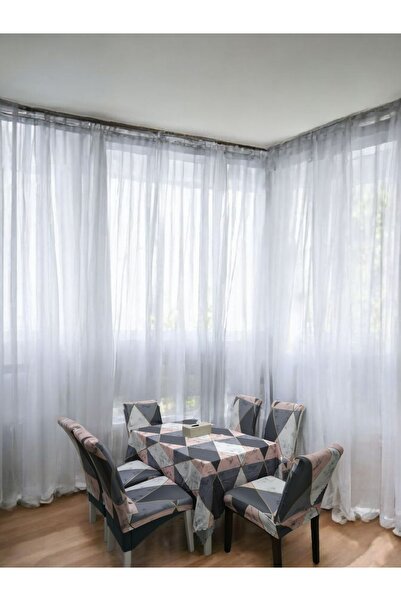 7-Piece Stretchable Dining Set - 1 Table Cover & 6 Chair Covers - Grey And Pink Color