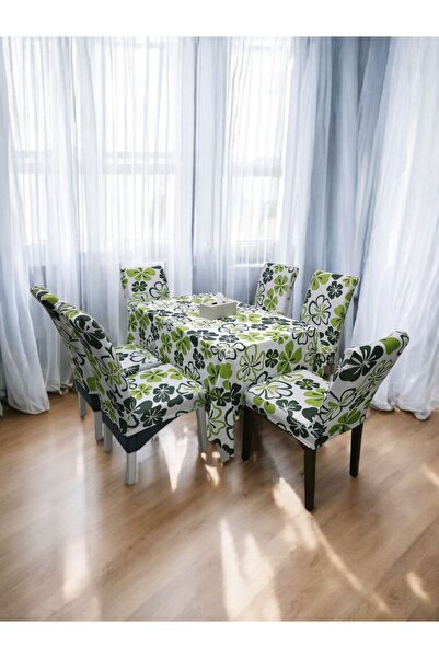 7-Piece Stretchable Dining Set - 1 Table Cover & 6 Chair Covers - Green Color