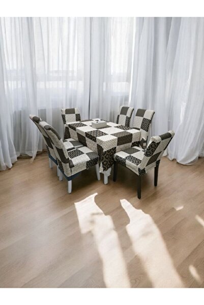 7-Piece Stretchable Dining Set - 1 Table Cover & 6 Chair Covers - Gold Color