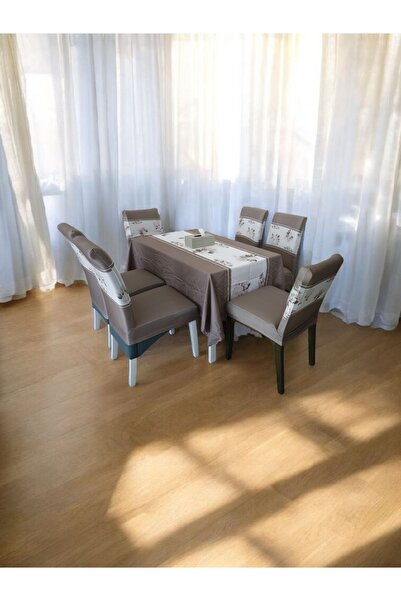 7-Piece Stretchable Dining Set - 1 Table Cover & 6 Chair Covers - Light Brown Color