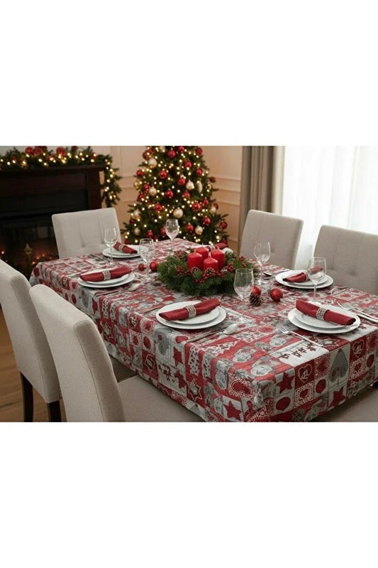 Christmas 6-Seater Dining Table Cloth - Grey And Red - Festive Xmas Decoration