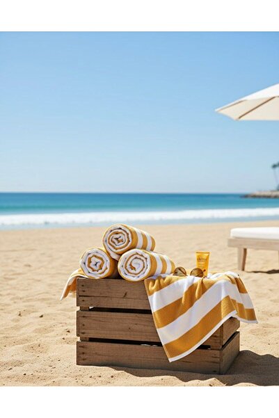 3-Piece Yellow Oversized Cotton Beach Towel Set - Cabana Stripe